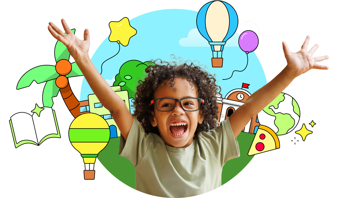 Child celebrating with colorful icons behind him