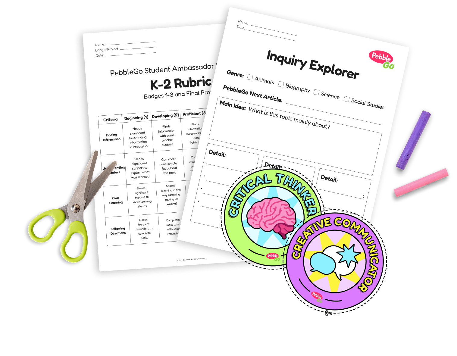 Rubric and worksheet with 2 badges and scissors