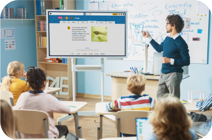 Educator gesturing to PebbleGo screen on display