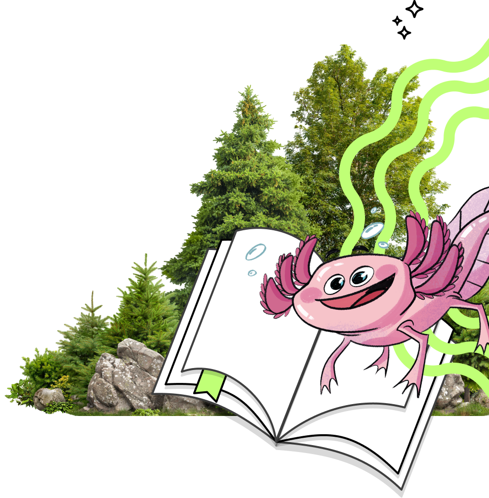 Girl of trees, book, and axolotl