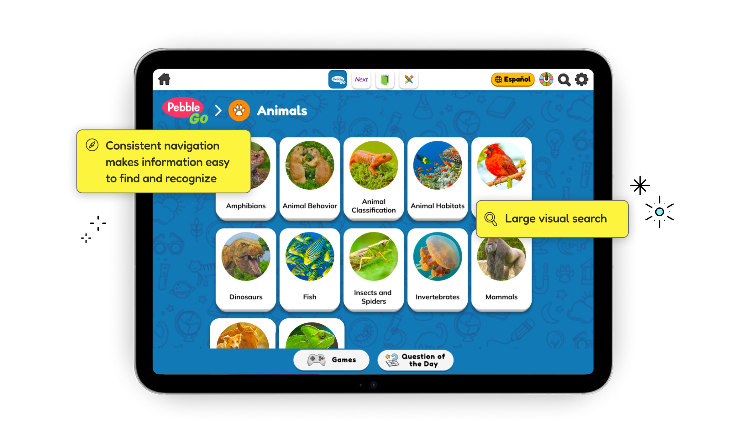 PebbleGo Home screen with features