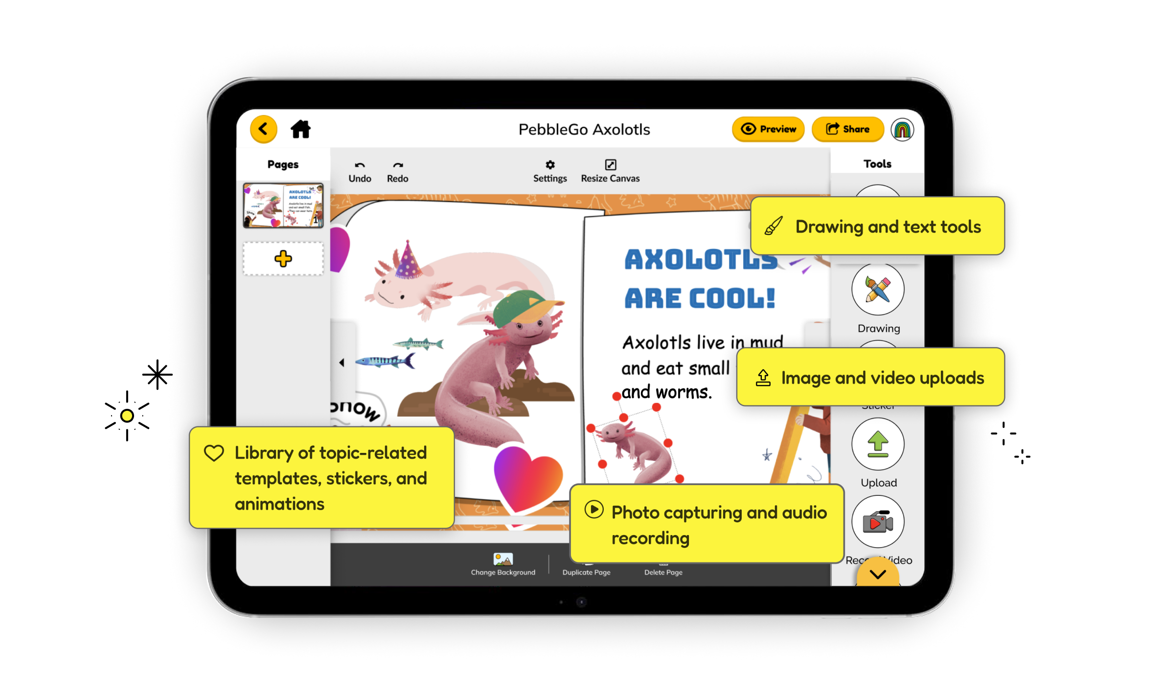 PebbleGo Create screen with features